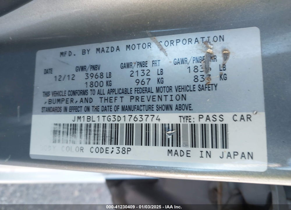 2013 MAZDA 3 I SV VIN: JM1BL1TG3D1763774