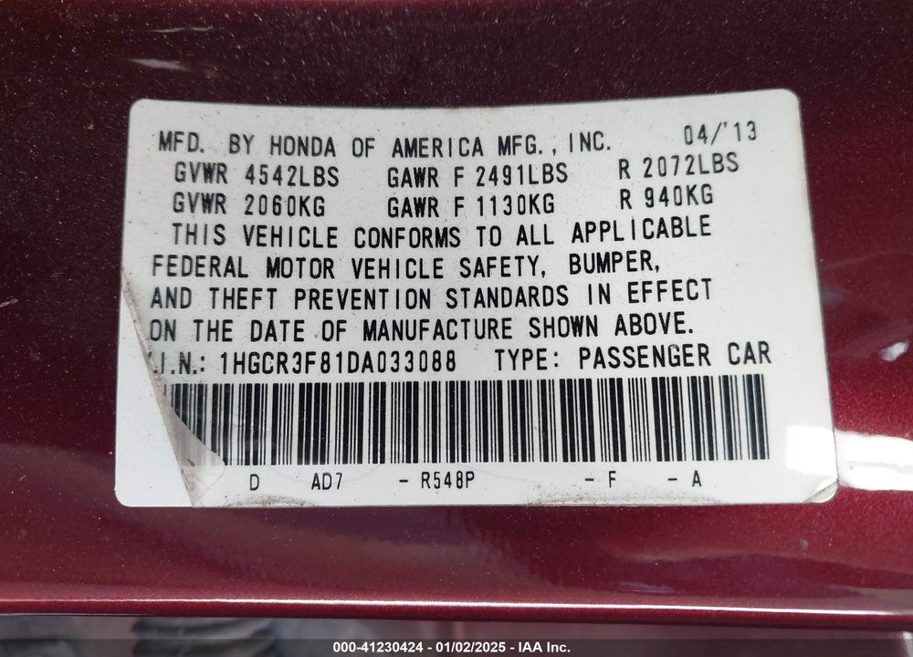 2013 HONDA ACCORD VIN: 1HGCR3F81DA033088