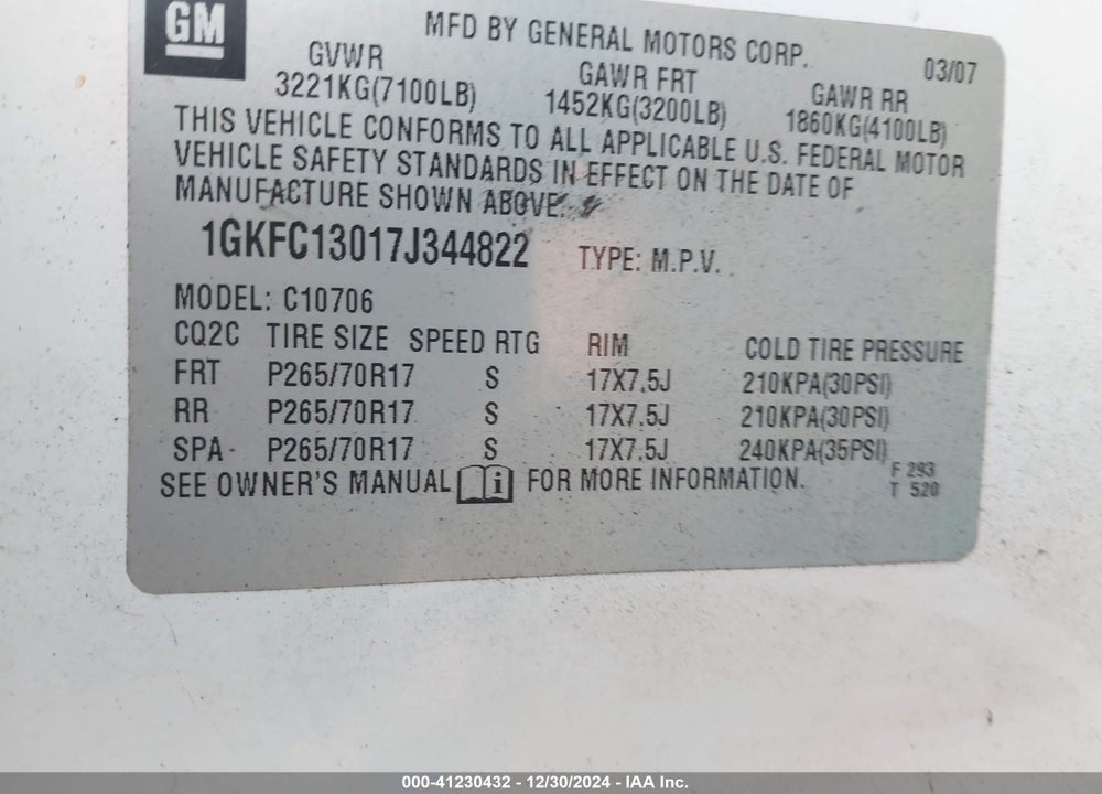 2007 GMC YUKON SLT VIN: 1GKFC13017J344822