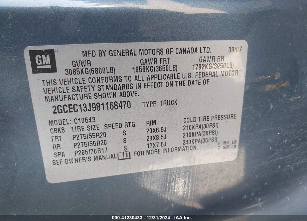 2008 CHEVROLET SILVERADO 1500 VIN: 2GCEC13J981168470