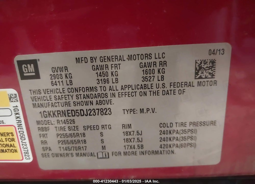 2013 GMC ACADIA SLE VIN: 1GKKRNED5DJ237823