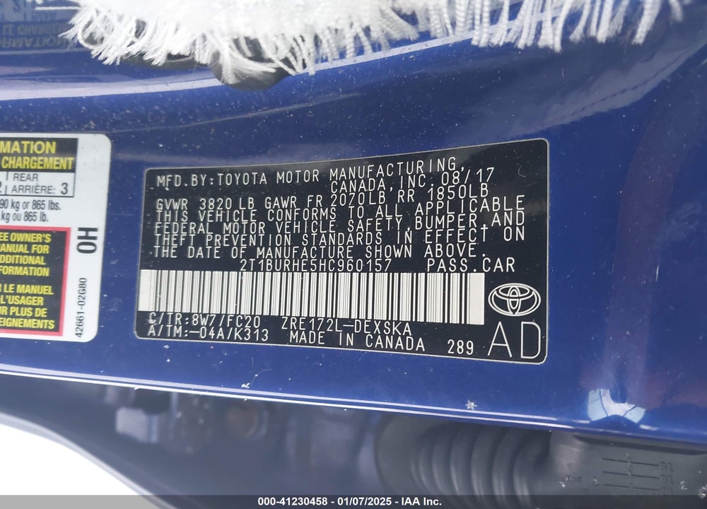 2017 TOYOTA COROLLA VIN: 2T1BURHE5HC960157