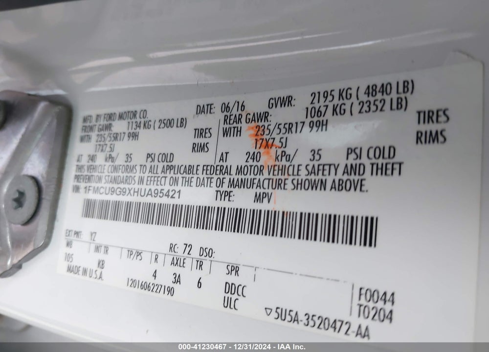 2017 FORD ESCAPE SE VIN: 1FMCU9G9XHUA95421