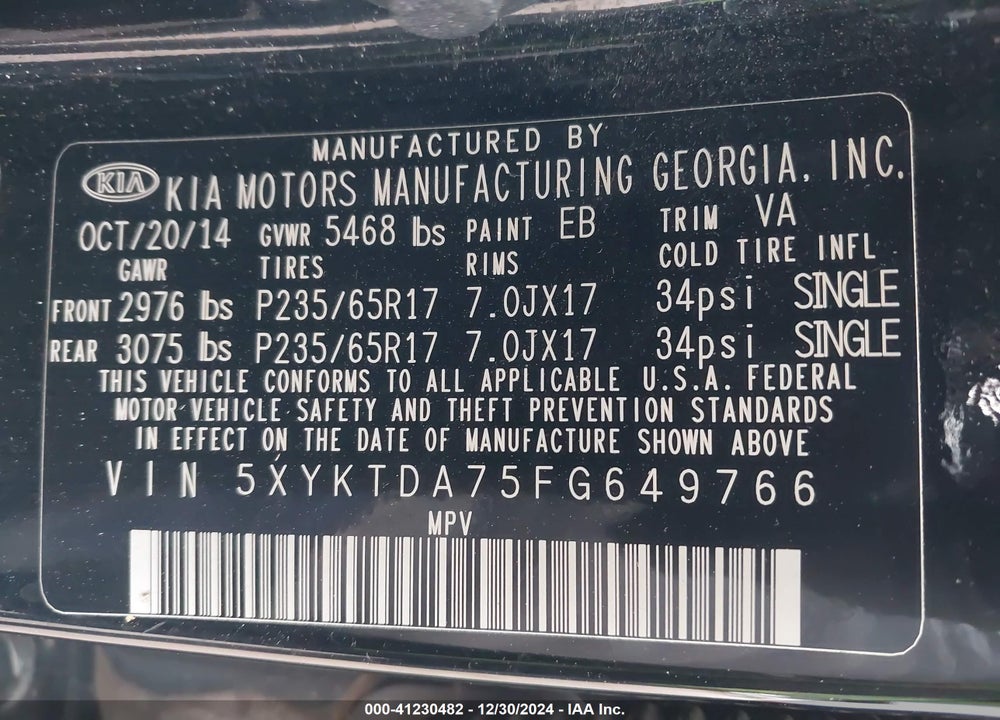 2015 KIA SORENTO LX V6 VIN: 5XYKTDA75FG649766
