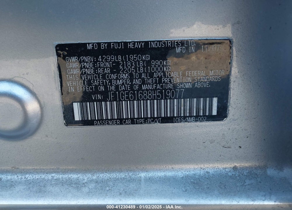 2008 SUBARU IMPREZA VIN: JF1GE61688H519077