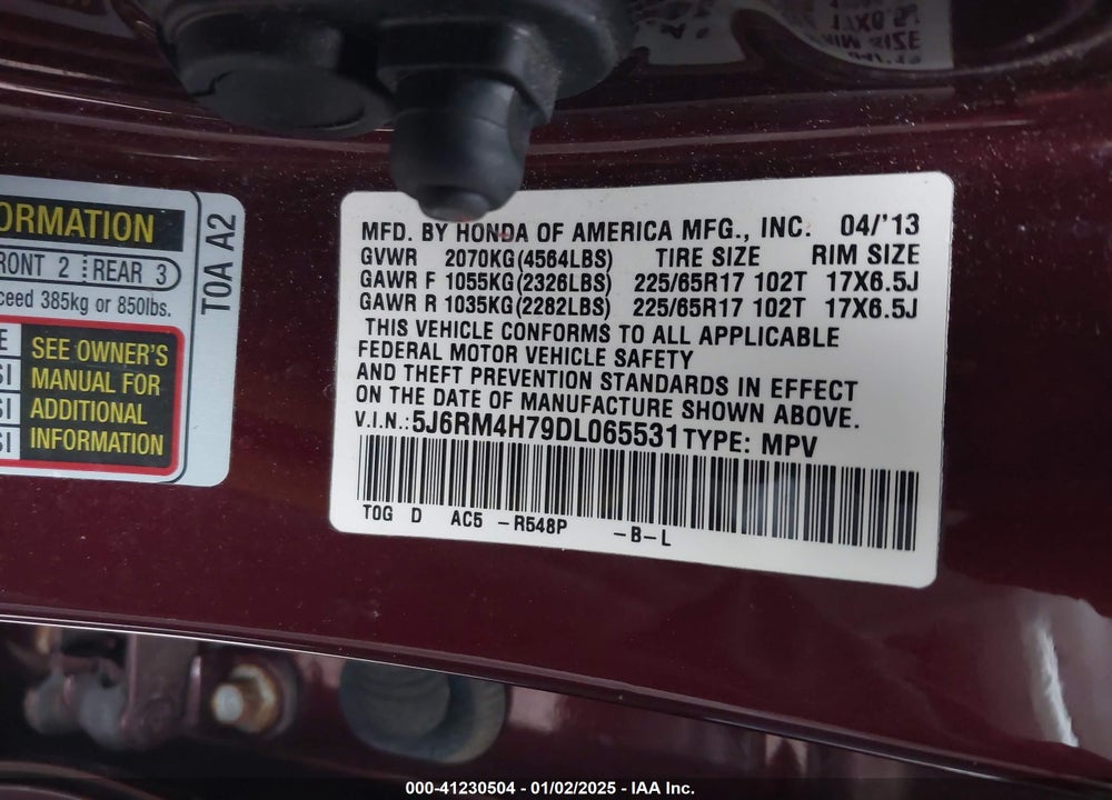 2013 HONDA CR-V EX-L VIN: 5J6RM4H79DL065531