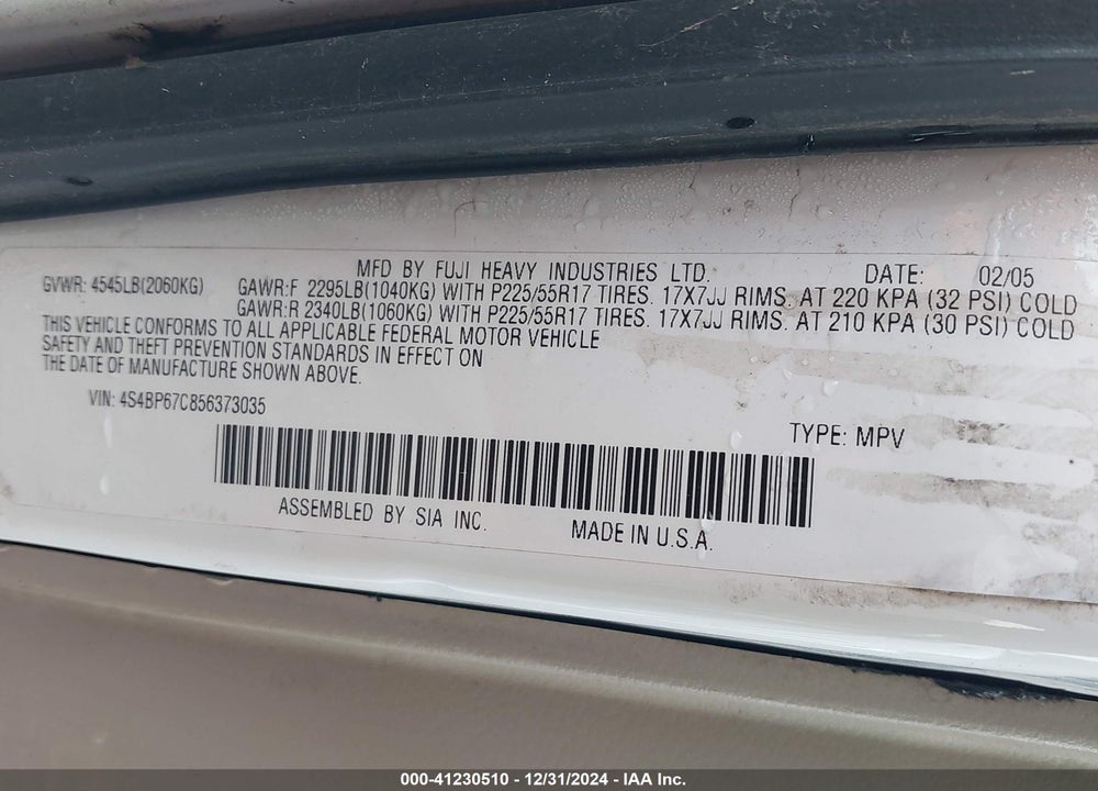 2005 SUBARU OUTBACK 2.5XT LIMITED VIN: 4S4BP67C856373035