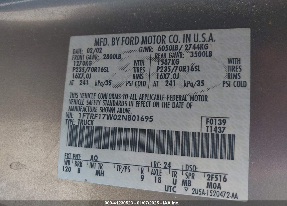 2002 FORD F-150 XL/XLT VIN: 1FTRF17W02NB01695