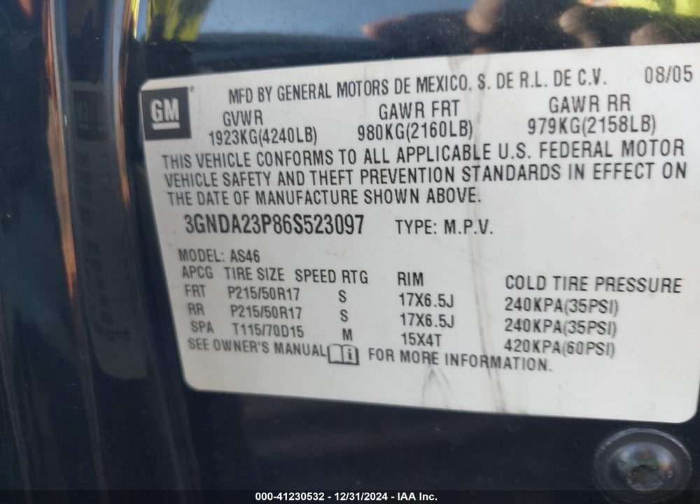 2006 CHEVROLET HHR LT VIN: 3GNDA23P86S523097