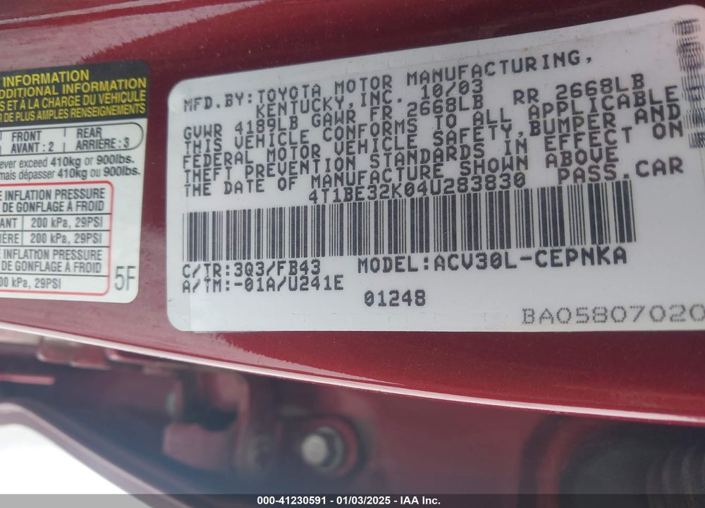 2004 TOYOTA CAMRY LE VIN: 4T1BE32K04U283830