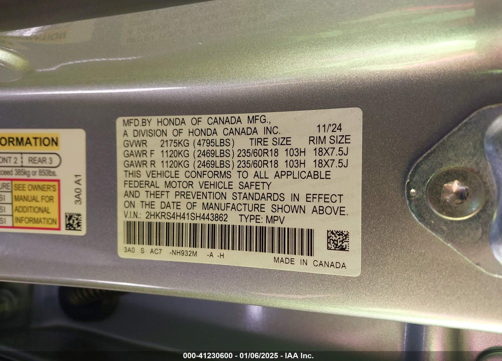 2025 HONDA CR-V VIN: 2HKRS4H41SH443862