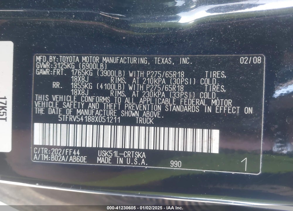 2008 TOYOTA TUNDRA SR5 5.7L V8 VIN: 5TFRV54188X051211