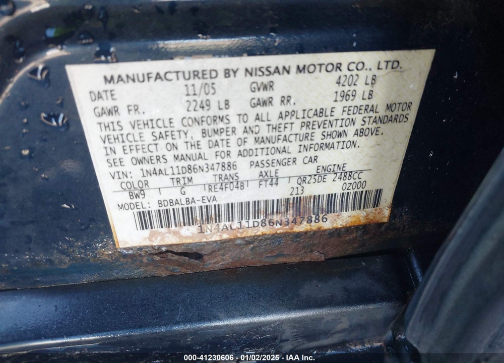 2006 NISSAN ALTIMA S/SL VIN: 1N4AL11D86N347886