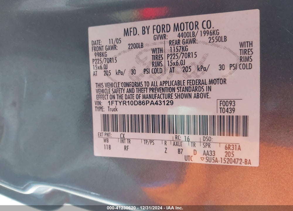 2006 FORD RANGER XL/XLT VIN: 1FTYR10D86PA43129