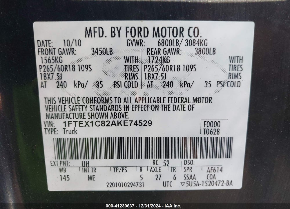 2010 FORD F-150 FX2 SPORT/STX/XL/XLT VIN: 1FTEX1C82AKE74529