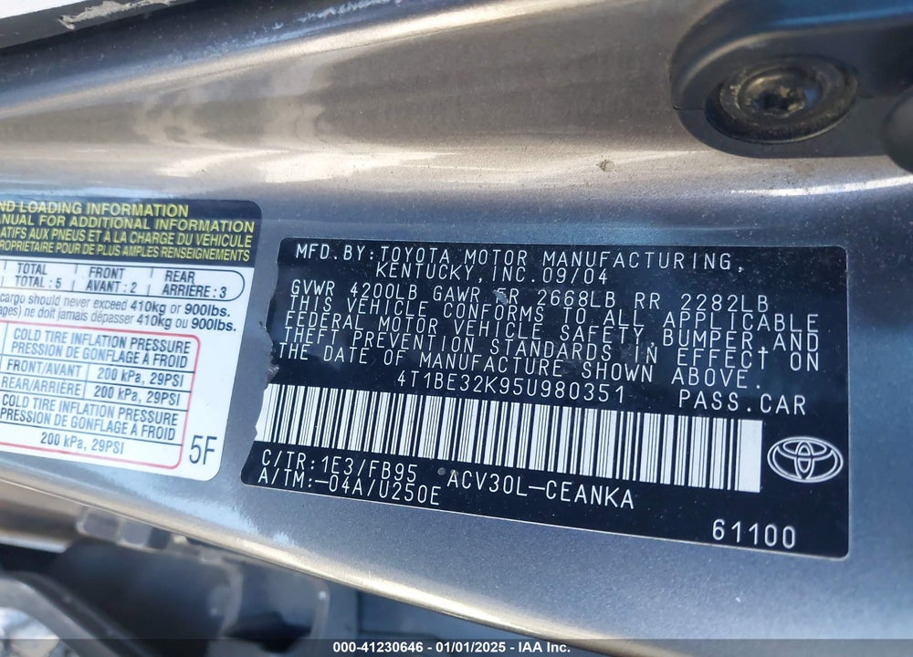2005 TOYOTA CAMRY LE VIN: 4T1BE32K95U980351