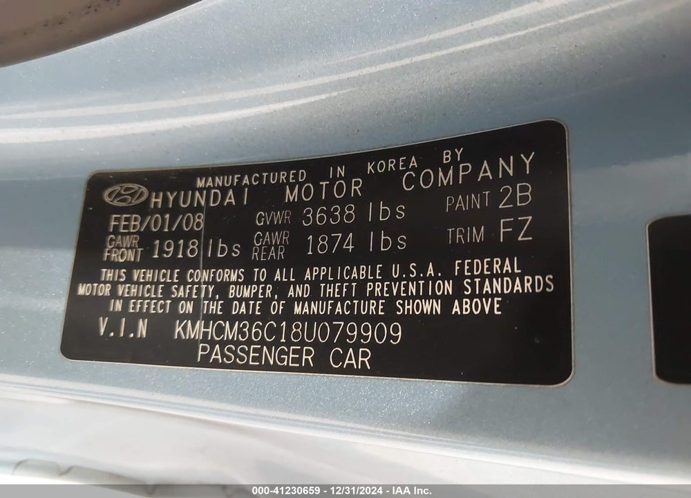 2008 HYUNDAI ACCENT GS VIN: KMHCM36C18U079909
