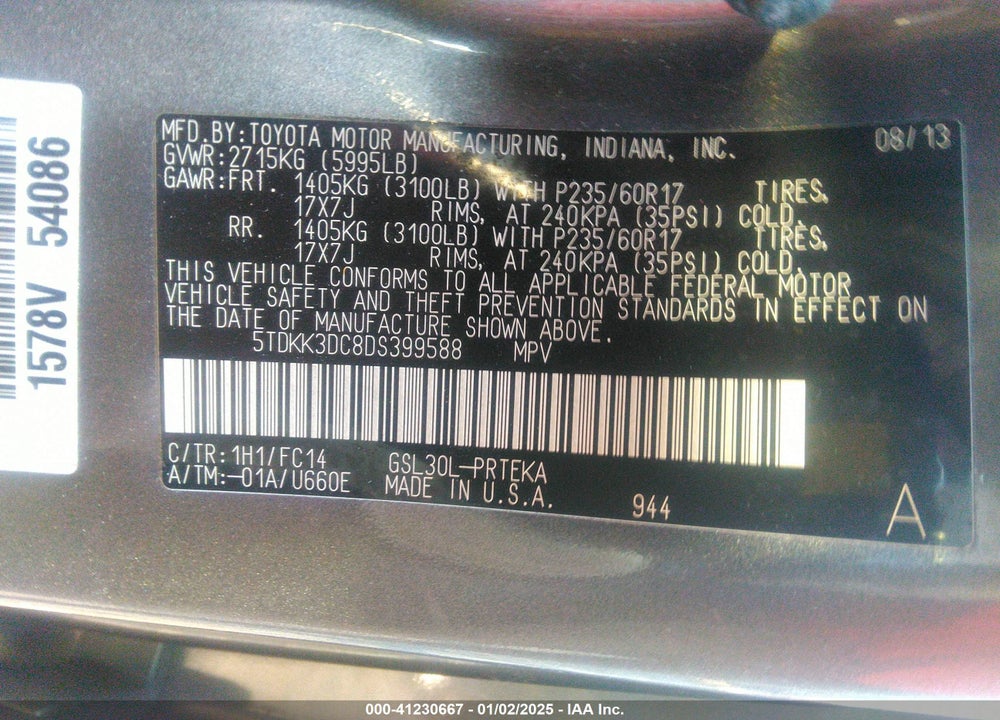 2013 TOYOTA SIENNA LE V6 8 PASSENGER VIN: 5TDKK3DC8DS399588