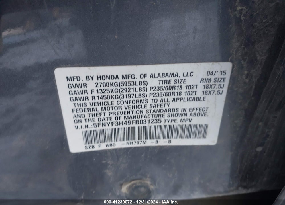 2015 HONDA PILOT EX VIN: 5FNYF3H49FB031235