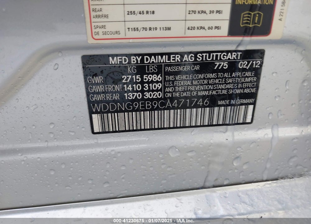 2012 MERCEDES-BENZ S CLASS VIN: WDDNG9EB9CA471746