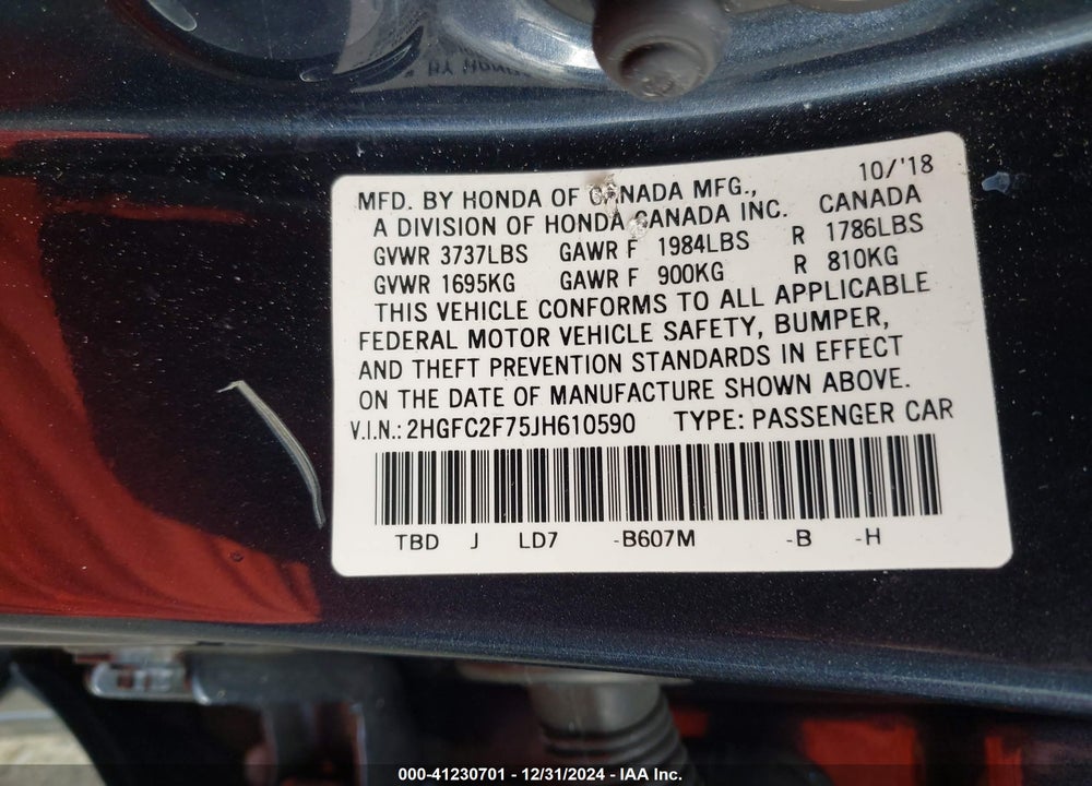 2018 HONDA CIVIC VIN: 2HGFC2F75JH610590