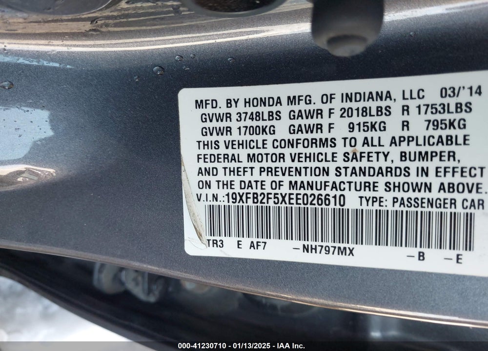 2014 HONDA CIVIC VIN: 19XFB2F5XEE026610