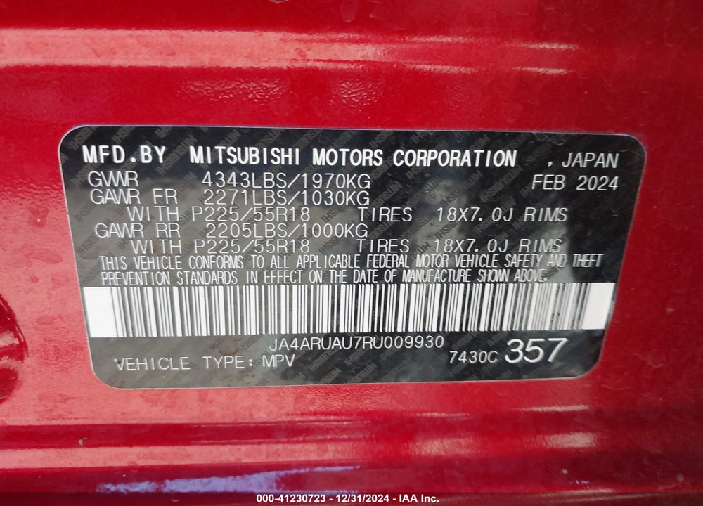 2024 MITSUBISHI OUTLANDER SPORT 2.0 ES AWC/2.0 LE AWC/2.0 RALLIART AWC/2.0 S AWC/2.0 SE AWC VIN: JA4ARUAU7RU009930
