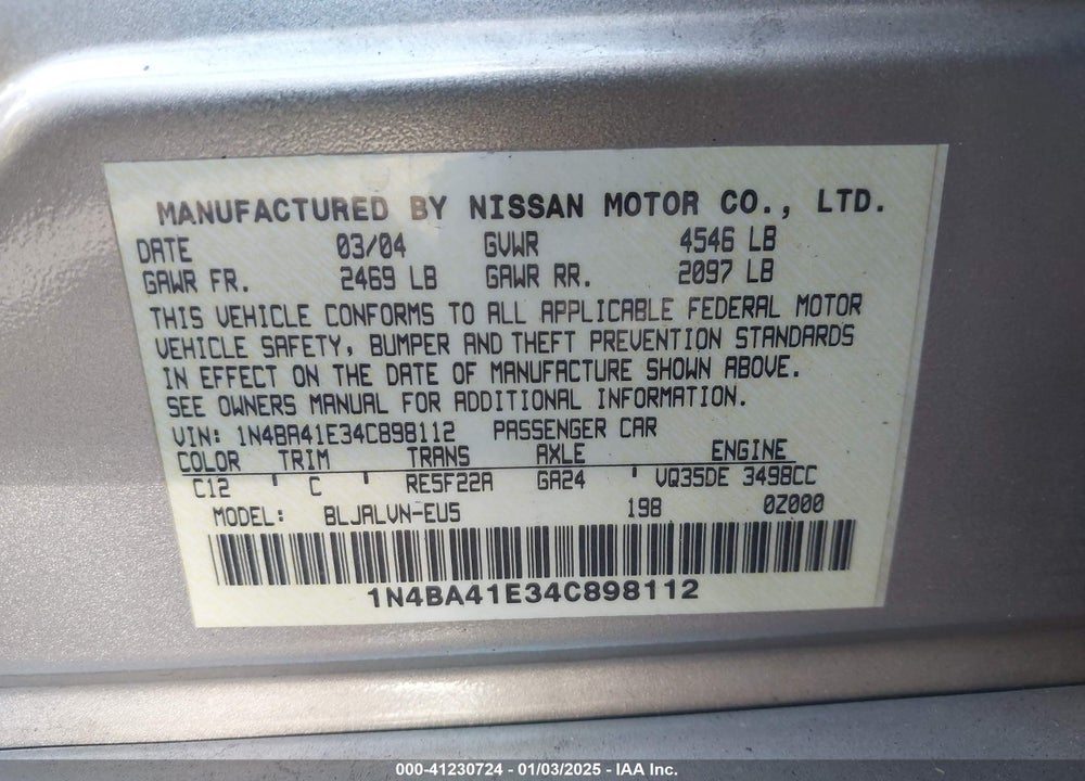 2004 NISSAN MAXIMA 3.5 SL VIN: 1N4BA41E34C898112