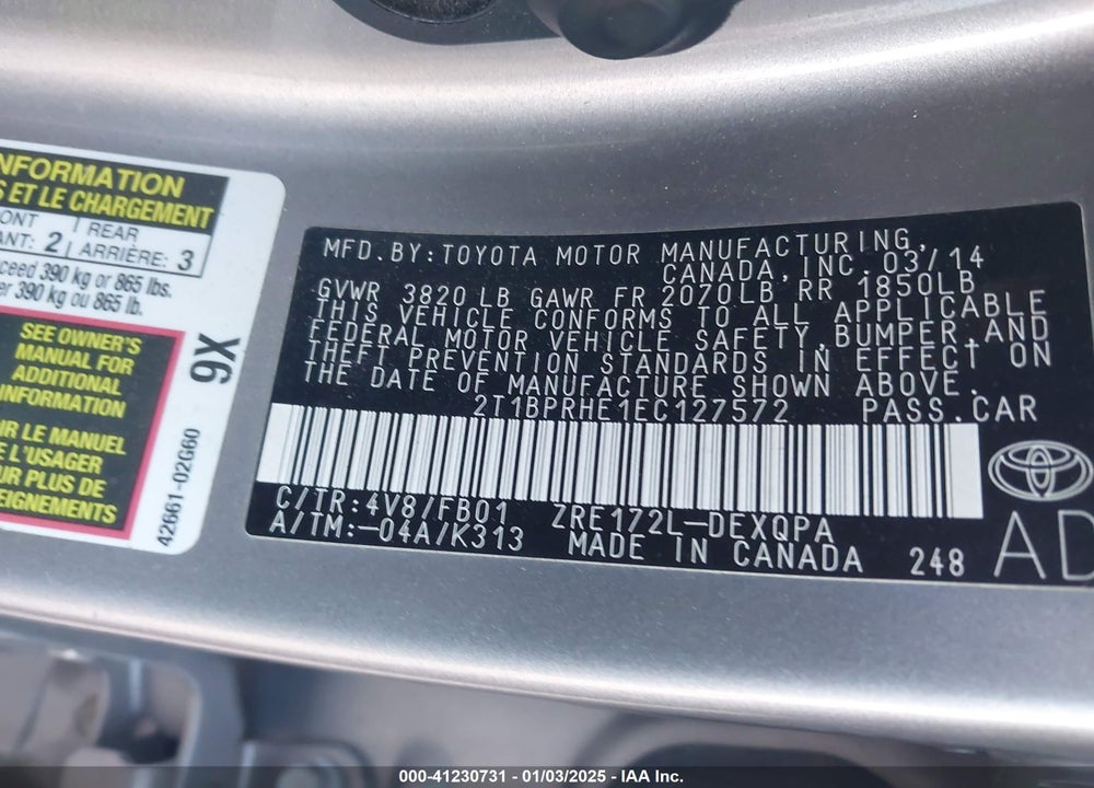 2014 TOYOTA COROLLA LE ECO VIN: 2T1BPRHE1EC127572