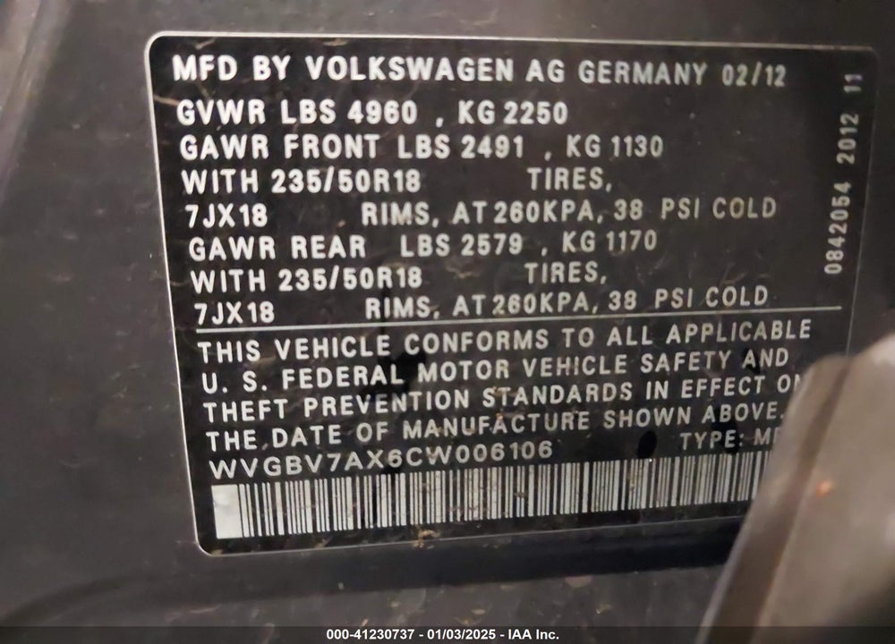 2012 VOLKSWAGEN TIGUAN SE VIN: WVGBV7AX6CW006106