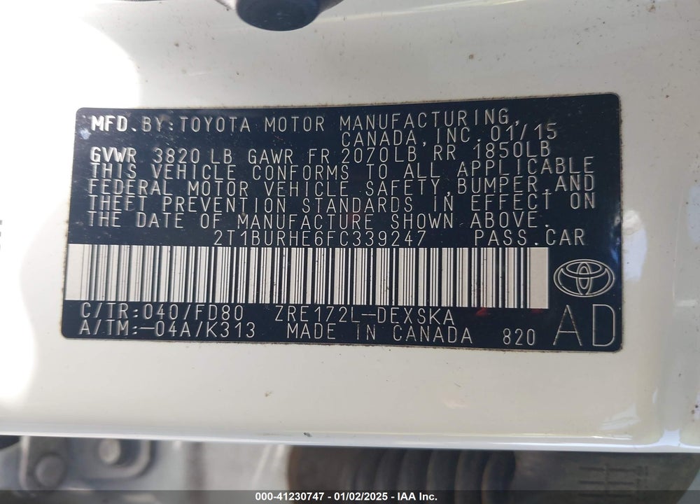 2015 TOYOTA COROLLA S PLUS VIN: 2T1BURHE6FC339247
