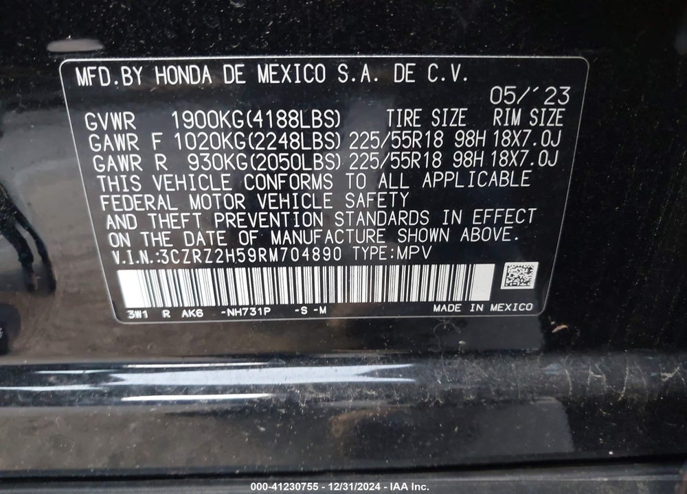 2024 HONDA HR-V AWD SPORT/SPORT VIN: 3CZRZ2H59RM704890