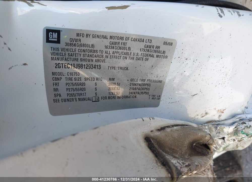 2008 GMC SIERRA 1500 SLE1 VIN: 2GTEC19J981293413