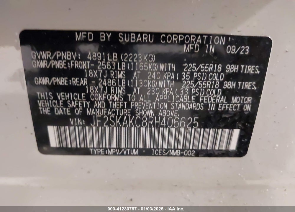 2024 SUBARU FORESTER LIMITED VIN: JF2SKAKC8RH406625
