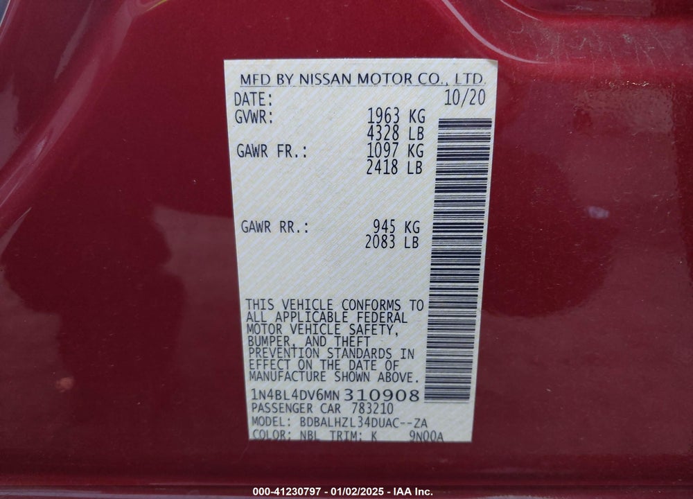2021 NISSAN ALTIMA VIN: 1N4BL4DV6MN310908