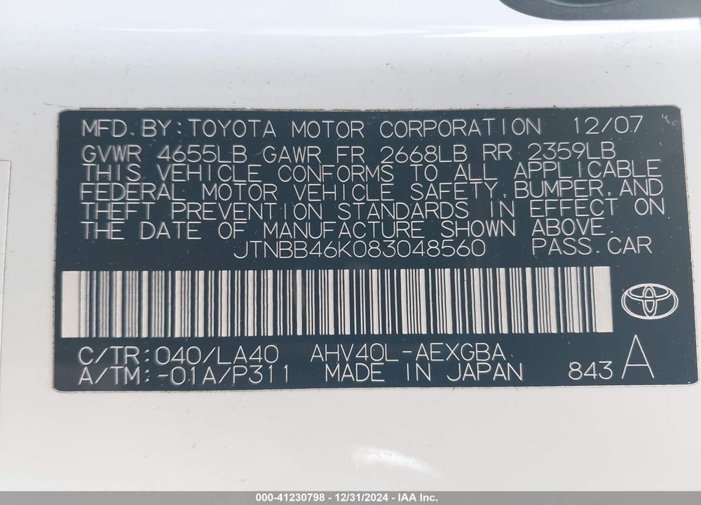 2008 TOYOTA CAMRY HYBRID VIN: JTNBB46K083048560