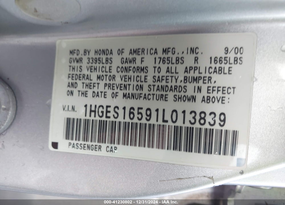 2001 HONDA CIVIC LX VIN: 1HGES16591L013839