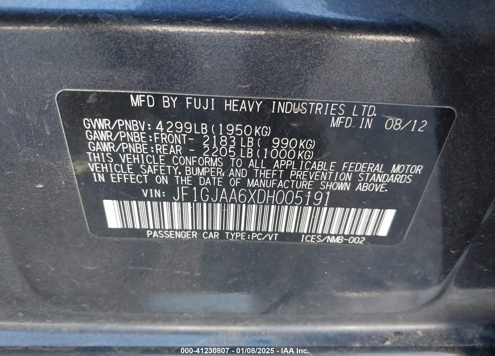 2013 SUBARU IMPREZA 2.0I VIN: JF1GJAA6XDH005191