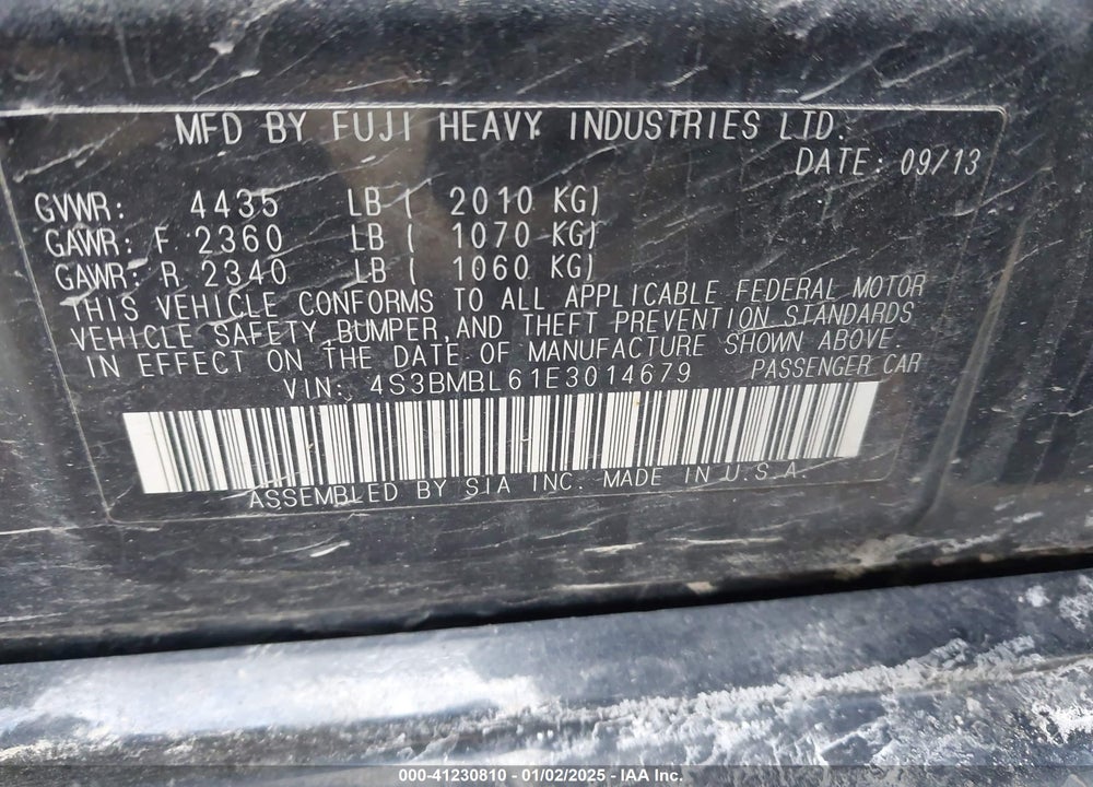 2014 SUBARU LEGACY VIN: 4S3BMBL61E3014679