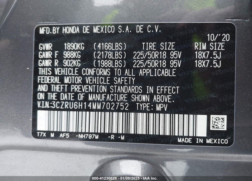2021 HONDA HR-V AWD SPORT VIN: 3CZRU6H14MM702752