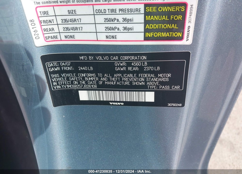 2007 VOLVO C70 VIN: YV1MC68257J026108