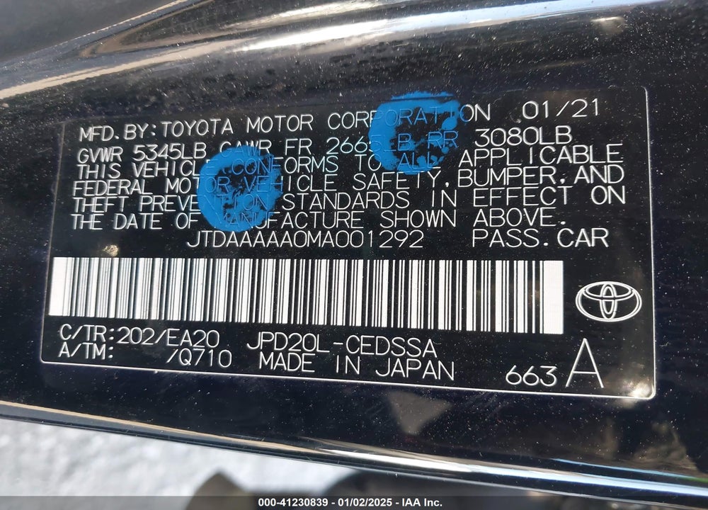 2021 TOYOTA MIRAI VIN: JTDAAAAA0MA001292