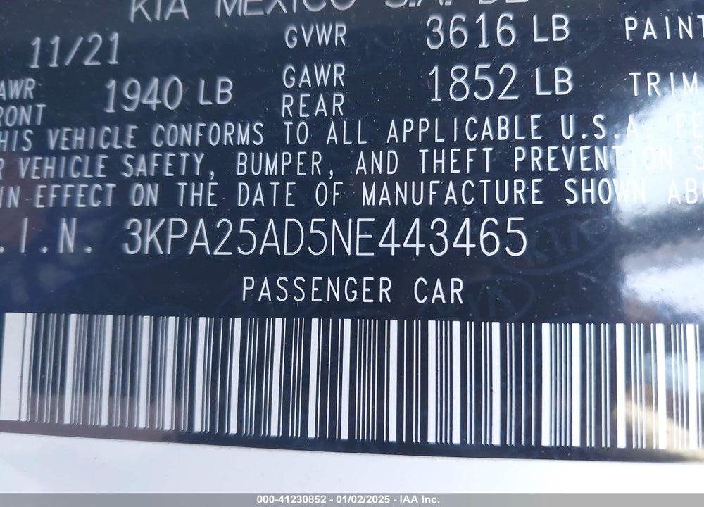2022 KIA RIO VIN: 3KPA25AD5NE443465