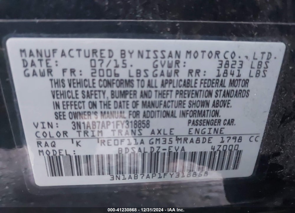 2015 NISSAN SENTRA SV VIN: 3N1AB7AP1FY318858