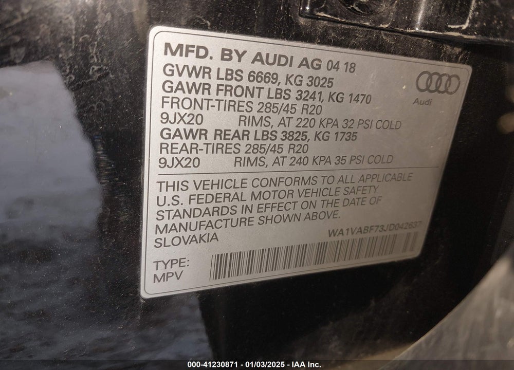 2018 AUDI Q7 3.0T PREMIUM VIN: WA1VABF73JD042637