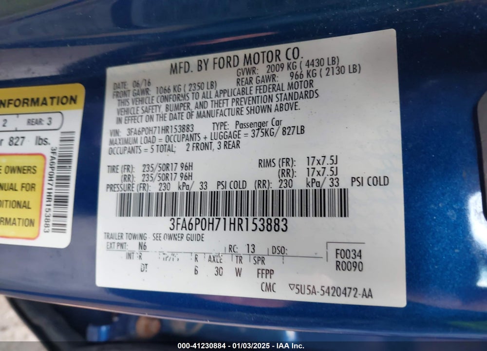 2017 FORD FUSION SE VIN: 3FA6P0H71HR153883