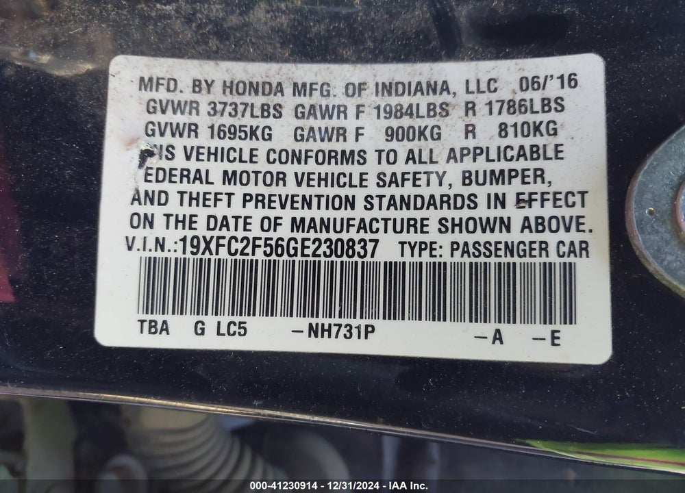 2016 HONDA CIVIC LX VIN: 19XFC2F56GE230837