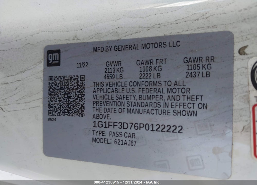 2023 CHEVROLET CAMARO VIN: 1G1FF3D76P0122222