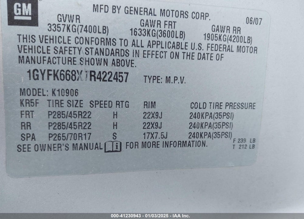 2007 CADILLAC ESCALADE ESV STANDARD VIN: 1GYFK668X7R422457