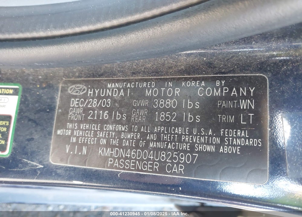 2004 HYUNDAI ELANTRA GLS/GT VIN: KMHDN46D04U825907